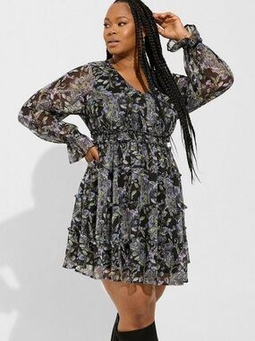 Floral Tiered V-Neck Dress - Black with Lavender, Blue and Green Print